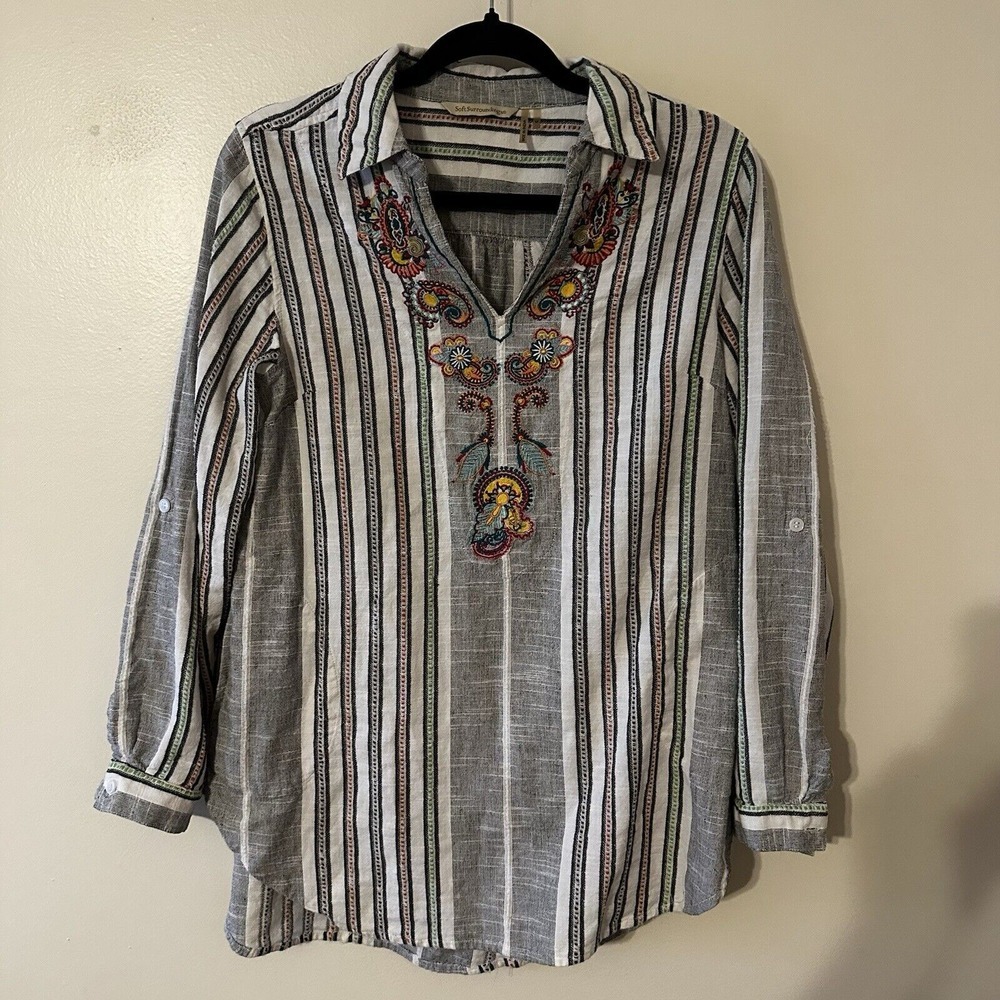 Soft Surroundings Floral Embroidery Top Paisley Tunic Stripe Pocket Roll Tab M‎ - Picture 9 of 16